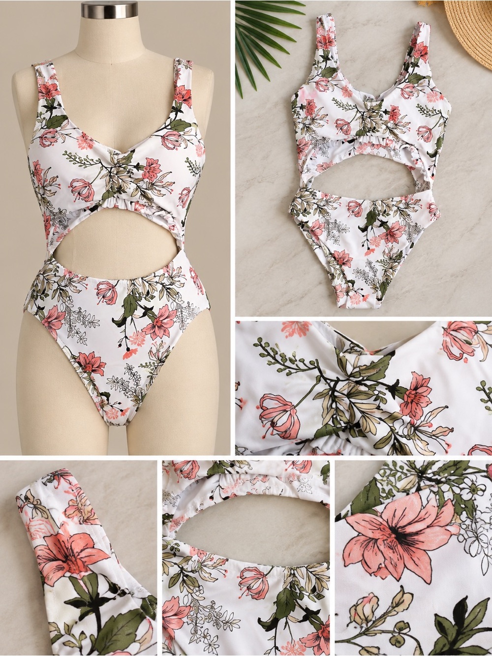 Zaful White One-Piece Swimsuit with Coral Floral Print